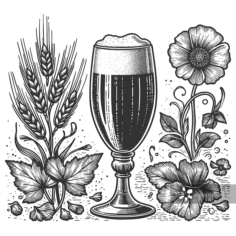 啤酒杯、啤酒花、大麦花的雕刻图片素材