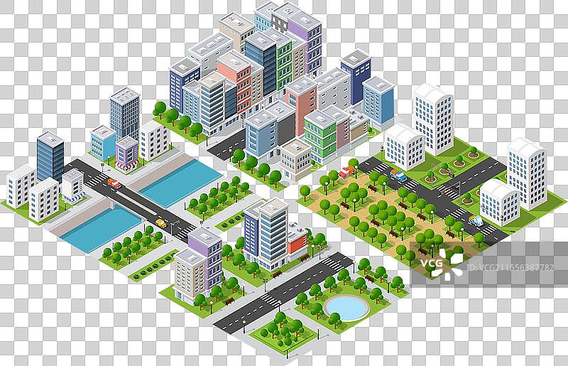 等距三维城市与河岸堤坝图片素材