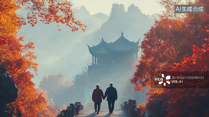 【AI数字艺术】重阳节漫山红叶老人夫妇携手登高远眺图片素材