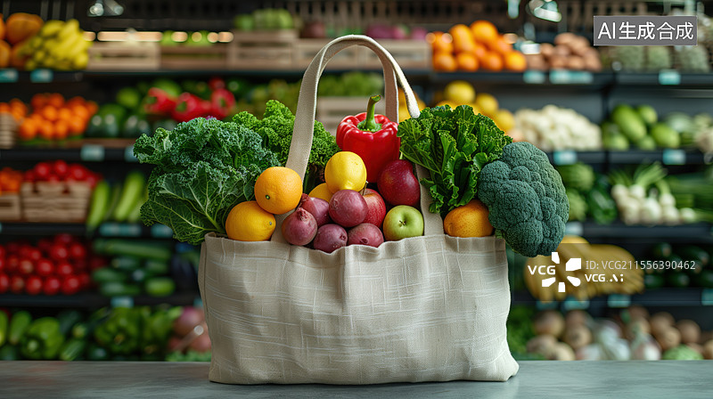 【AI数字艺术】超市购物，一袋新鲜水果蔬菜图片素材