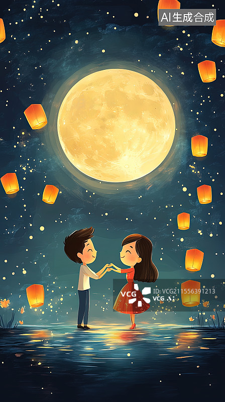 【AI数字艺术】中国元宵节系列插画明月下情侣携手赏灯图片素材