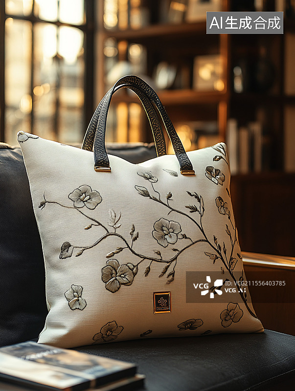 【AI数字艺术】简约黑白刺绣托特包图片素材