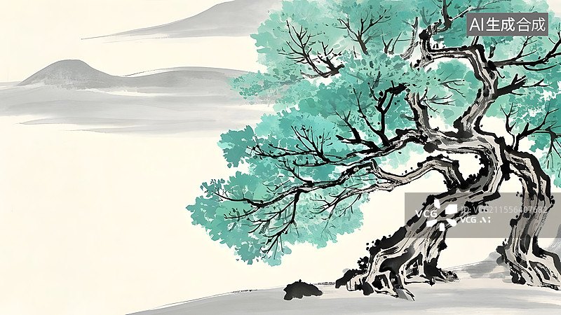 【AI数字艺术】水墨画树木菩提树居右图片素材