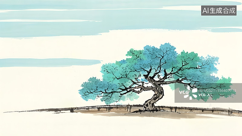 【AI数字艺术】水墨画树木菩提树居右图片素材