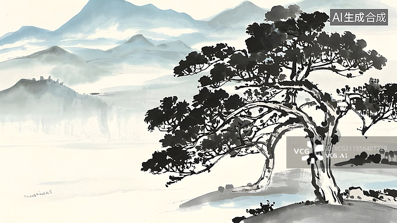 【AI数字艺术】水墨画树木菩提树居右图片素材