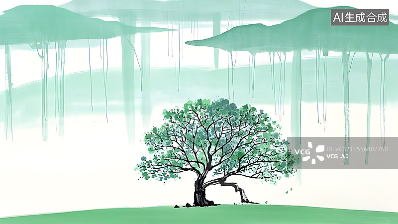 【AI数字艺术】水墨画树木菩提树居下图片素材