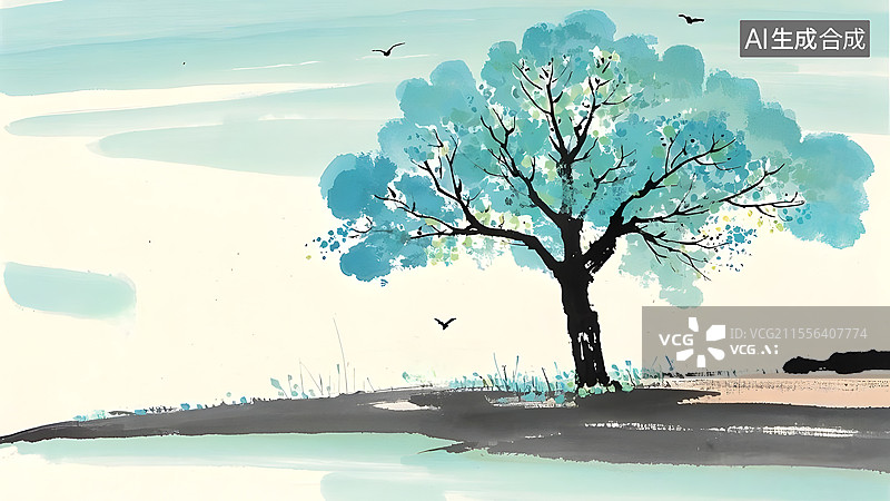 【AI数字艺术】水墨画树木菩提树居右图片素材