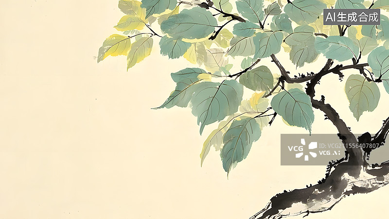 【AI数字艺术】水墨画树木菩提树居右图片素材