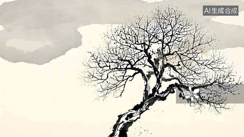 【AI数字艺术】水墨画树木菩提树居右图片素材