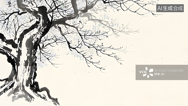 【AI数字艺术】水墨画树木菩提树居左图片素材