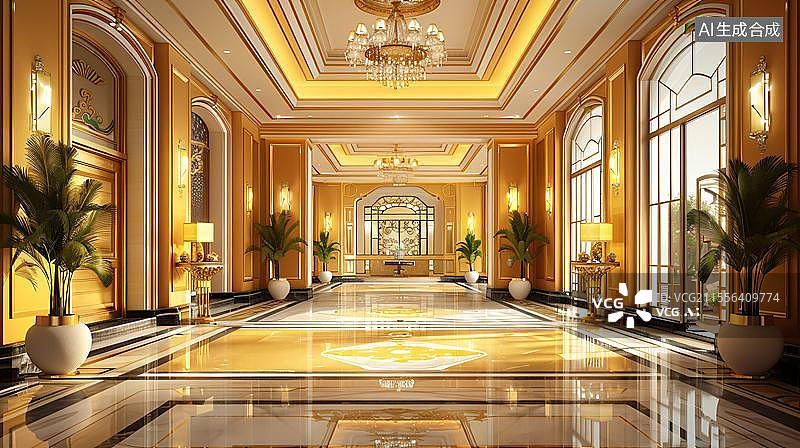 【AI数字艺术】金色大厅的奢华光影  典雅大气的室内空间图片素材