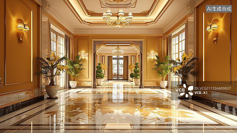 【AI数字艺术】金色大厅的奢华光影  典雅大气的室内空间图片素材
