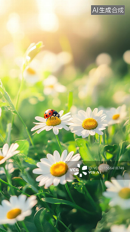 【AI数字艺术】一只红色的瓢虫停在一朵白色的花上。背景是柔和的绿色，给人一种宁静和自然的感觉。图片素材