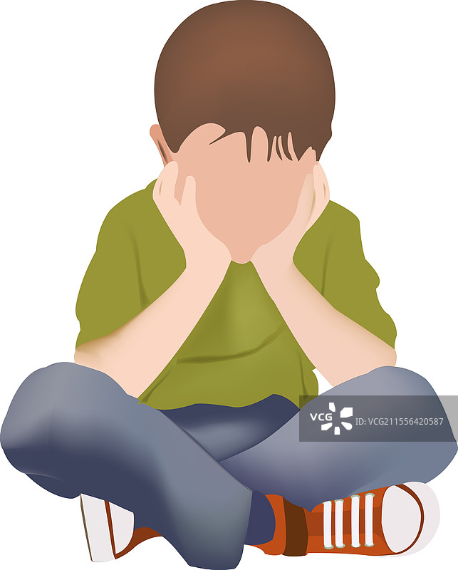 伤心的孩子坐着，双手捂住脸。图片素材