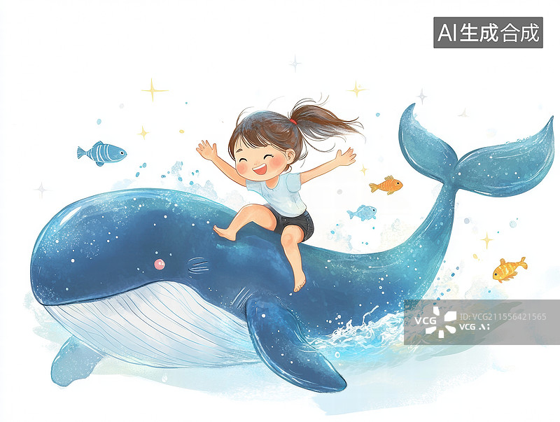 【AI数字艺术】一幅水彩画风格的梦幻场景。画面中，一个小女孩坐在一只巨大的蓝鲸背上，她的头发随风飘扬.图片素材