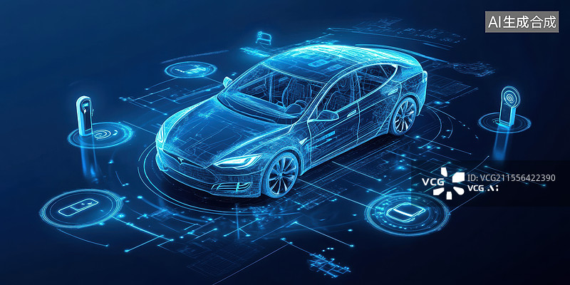 【AI数字艺术】一辆电动汽车的全息投影，背景是充满科技感的设计，包括充电站和各种图标。图片素材