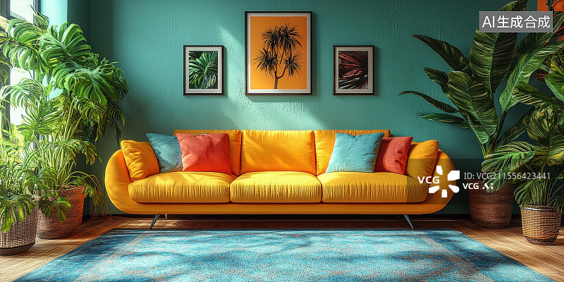 【AI数字艺术】现代客厅装饰风格鲜艳沙发植物装饰画温馨家居背景图片素材