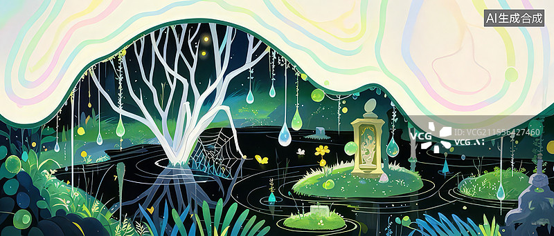 【AI数字艺术】禁林月光沼泽手绘插画：魔法光点与蜘蛛网的奇幻夜行冒险图片素材