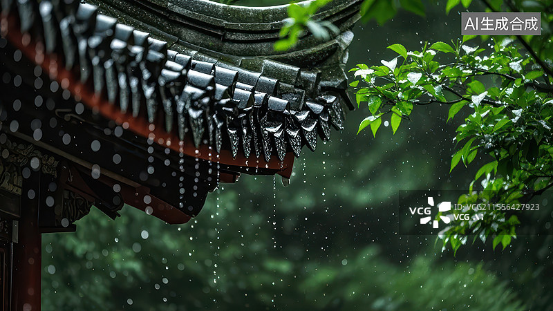 【AI数字艺术】中国古建筑的屋檐雨水滴落图片素材
