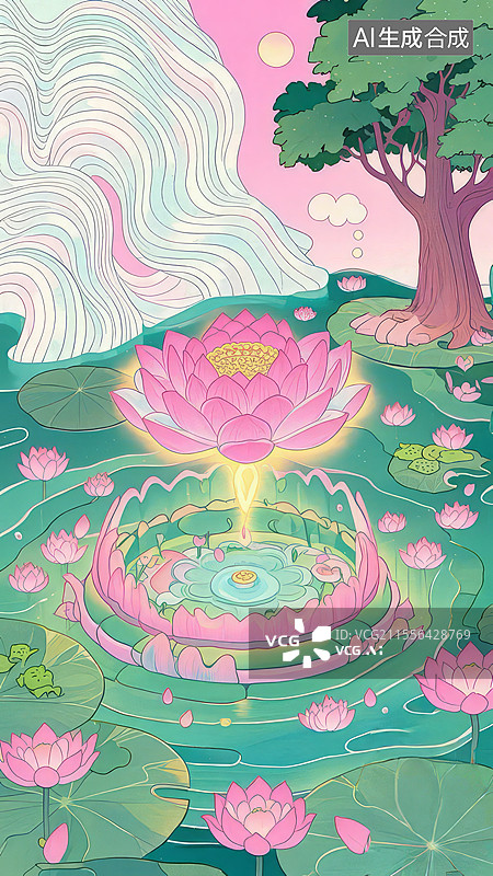 【AI数字艺术】莲花化身手绘插画：琉璃莲花台与星宿移位的灵池重塑场景图片素材