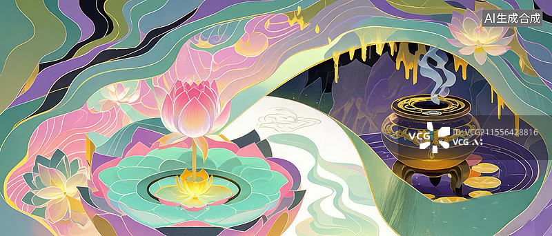 【AI数字艺术】莲花化身手绘插画：琉璃莲花台与星宿移位的灵池重塑场景图片素材