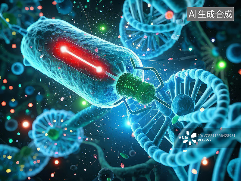 【AI数字艺术】病毒黑客入侵 - 噬菌体攻破细胞防火墙，DNA加密锁被破解，荧光警报闪烁图片素材