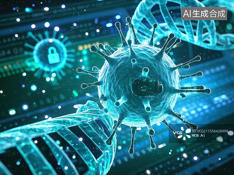 【AI数字艺术】病毒黑客入侵 - 噬菌体攻破细胞防火墙，DNA加密锁被破解，荧光警报闪烁图片素材