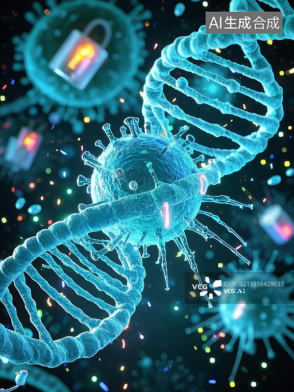 【AI数字艺术】病毒黑客入侵 - 噬菌体攻破细胞防火墙，DNA加密锁被破解，荧光警报闪烁图片素材