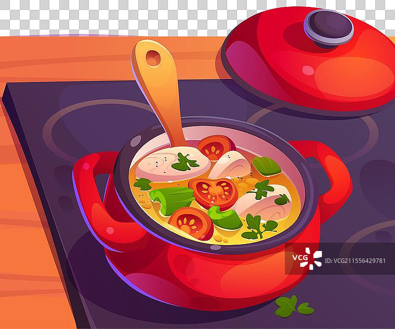 红色锅中炖着蔬菜汤，放在厨房炉灶上图片素材