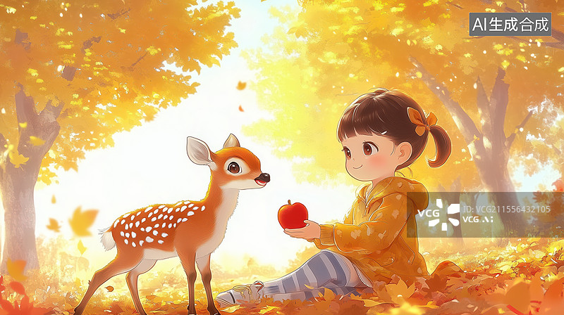 【AI数字艺术】秋日童趣女孩与小鹿的温馨相遇图片素材