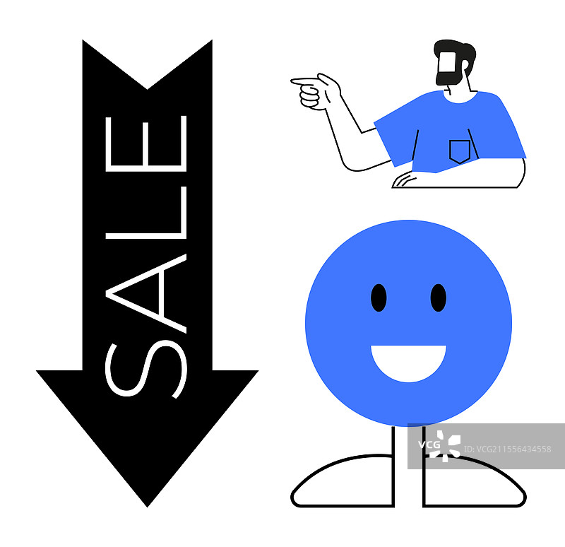 热情的顾客指着大促销标志图片素材