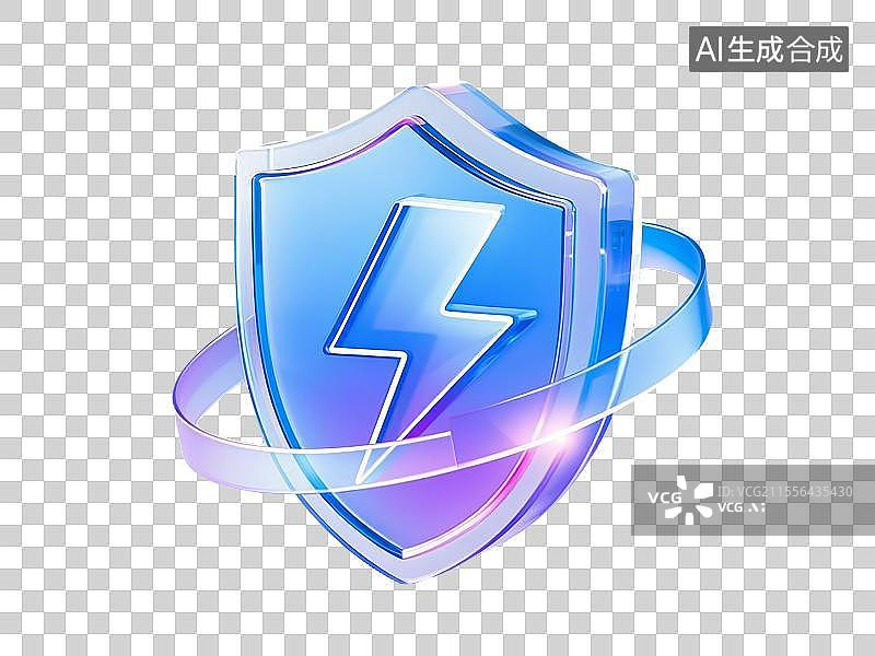 【AI数字艺术】超写实玻璃材带闪电符号的护盾图标图片素材
