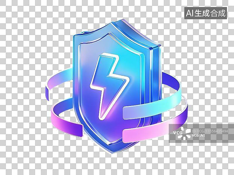 【AI数字艺术】超写实玻璃材带闪电符号的护盾图标图片素材