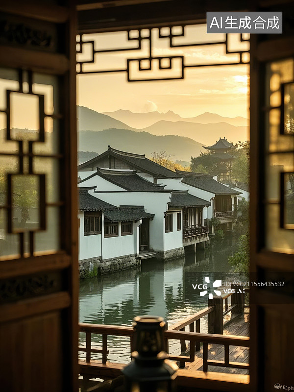 【AI数字艺术】透过中式窗棂看水乡景致图片素材