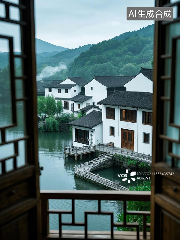 【AI数字艺术】透过中式窗棂看水乡景致图片素材