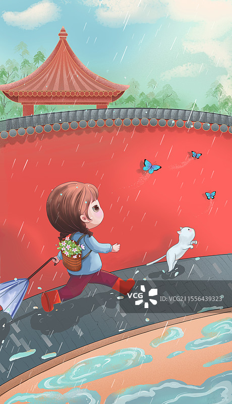 女孩和猫咪——雨水图片素材