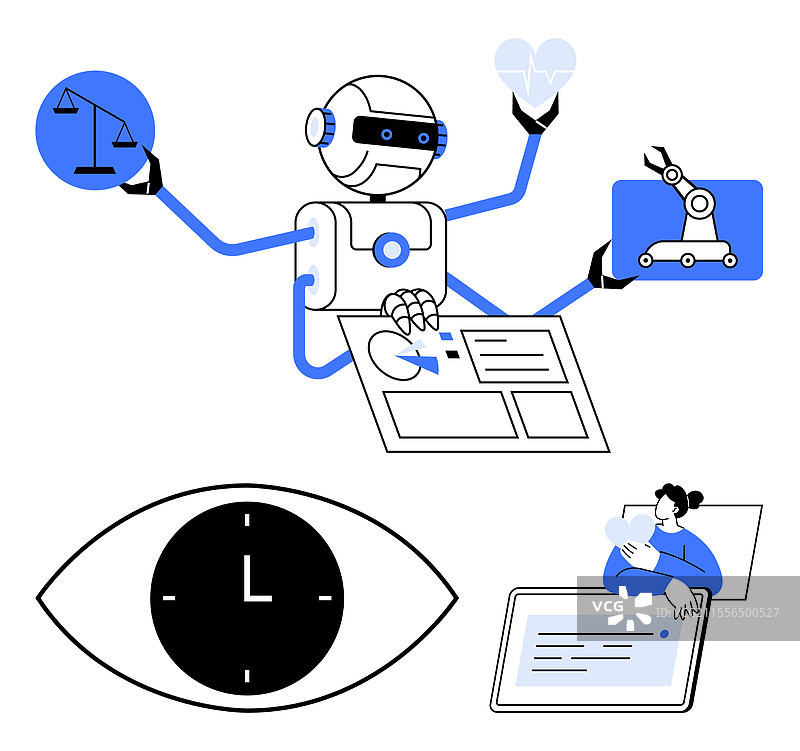 人工智能机器人多任务处理与正义天平心形图案图片素材