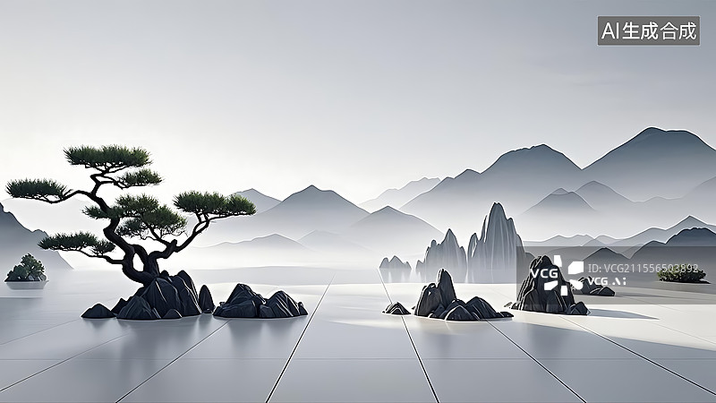 【AI数字艺术】新中式国潮风格水墨山水背景插画图片素材
