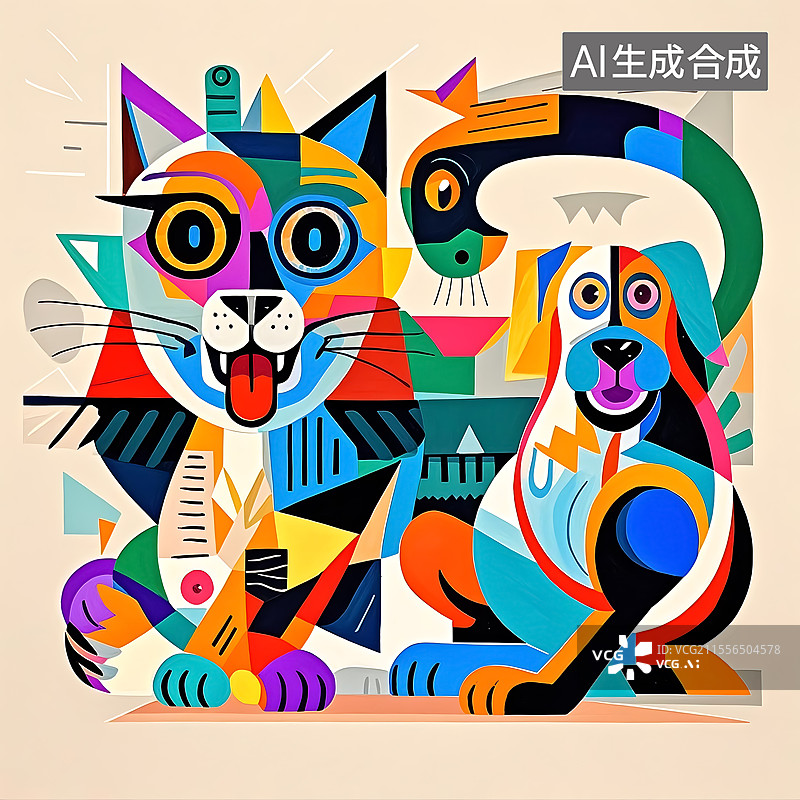 【AI数字艺术】毕加索立体派风格猫狗宠物主题抽象平面插画装饰画图片素材