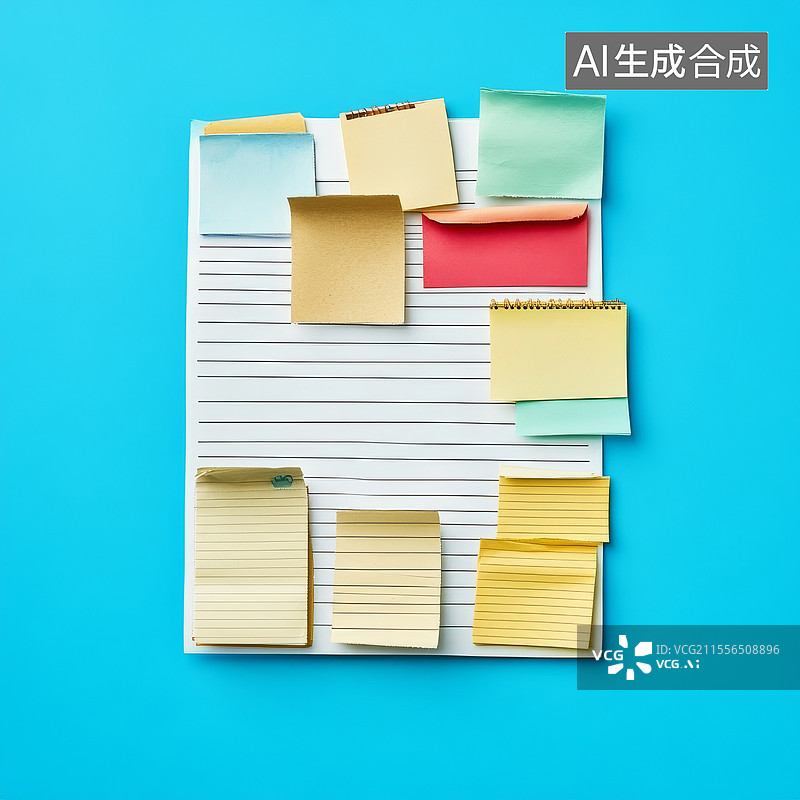 【AI数字艺术】蓝色背景上的信纸和便签纸图片素材