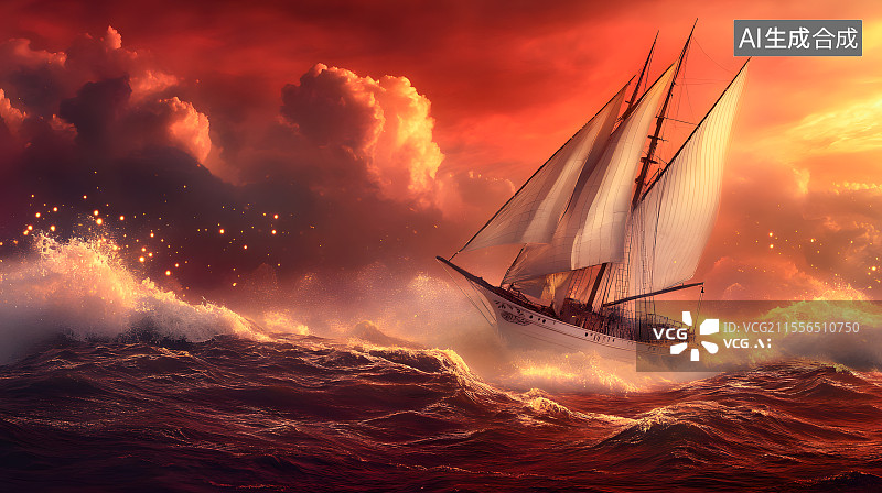 【AI数字艺术】日落时分一艘帆船海上乘风破浪前行图片素材