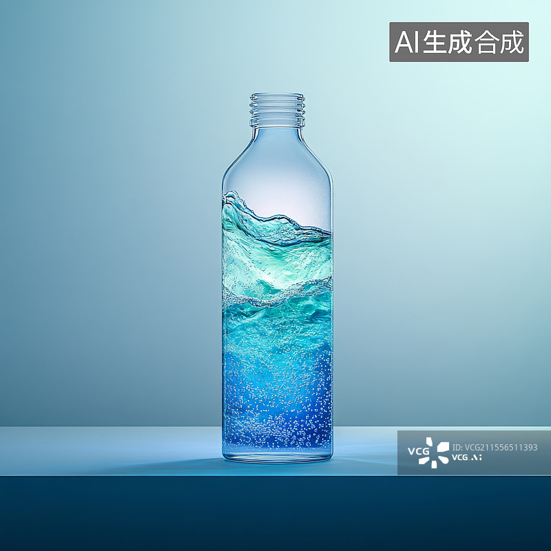 【AI数字艺术】蓝色背景下桌子上的玻璃瓶子特写镜头图片素材