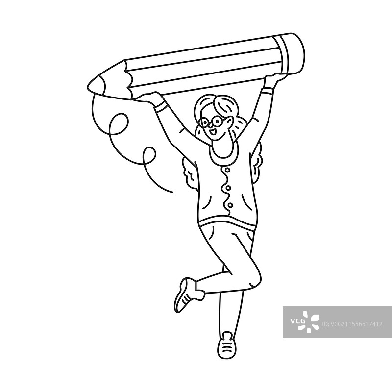 兴奋的设计师高兴地跳起来，手里拿着一个巨大的物品图片素材