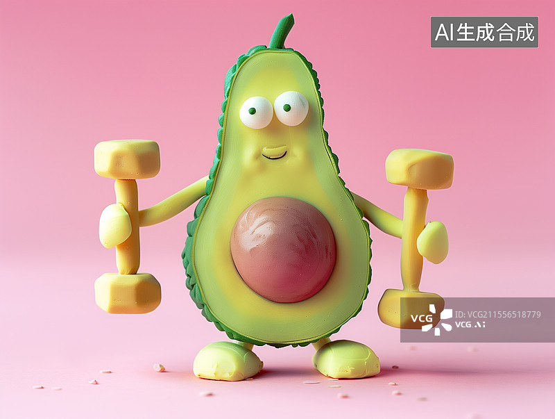 【AI数字艺术】一个拟人化卡通牛油果在举重锻炼图片素材