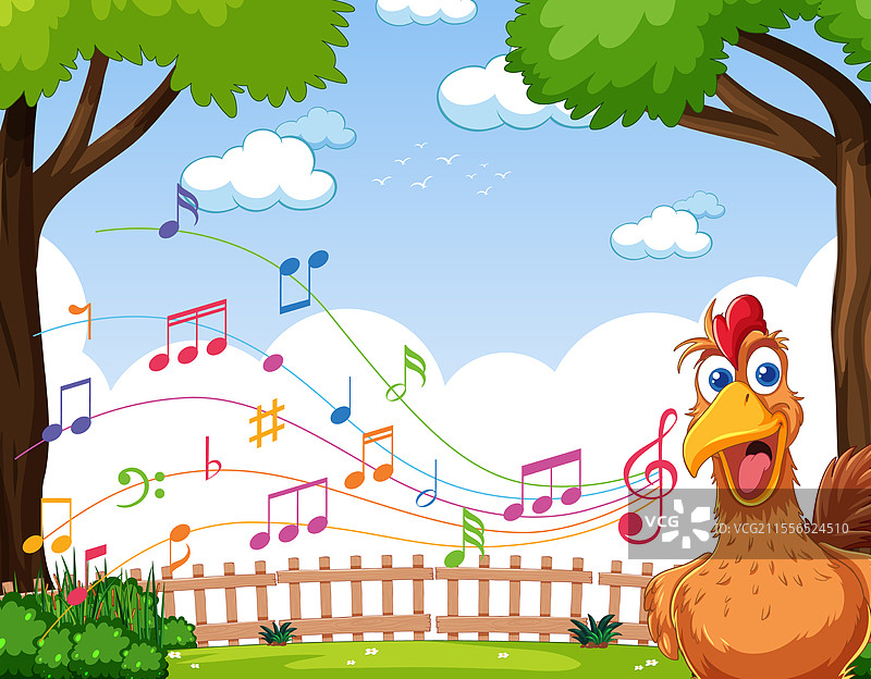 一只快乐的公鸡被五彩缤纷的音乐环绕图片素材