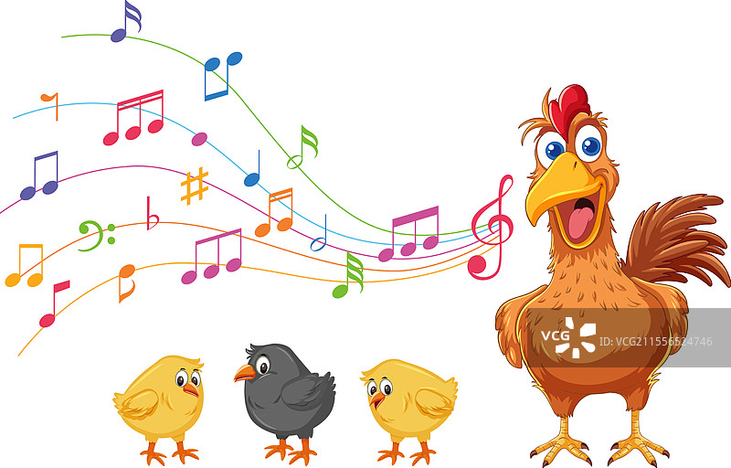 公鸡和小鸡们在五彩缤纷的音符中欢快地享受音乐图片素材