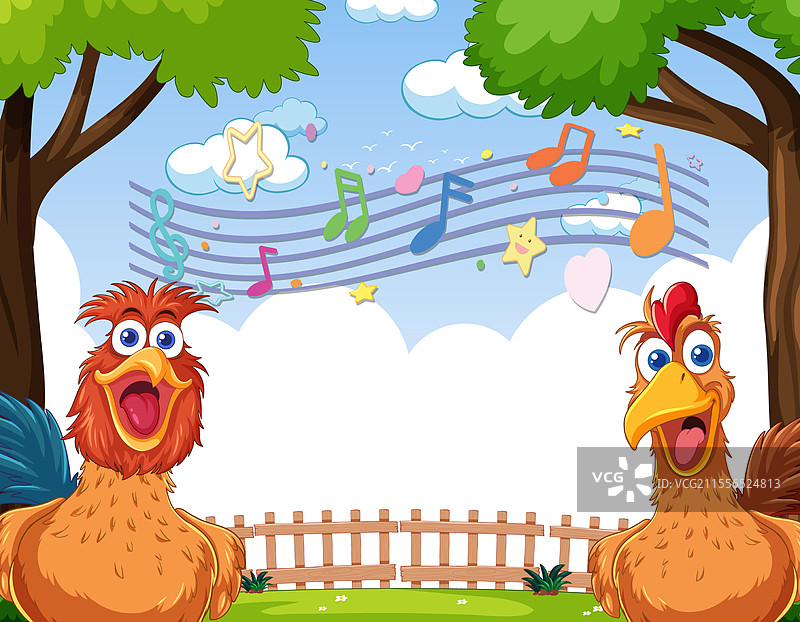 两只公鸡在音乐般的天空下歌唱图片素材