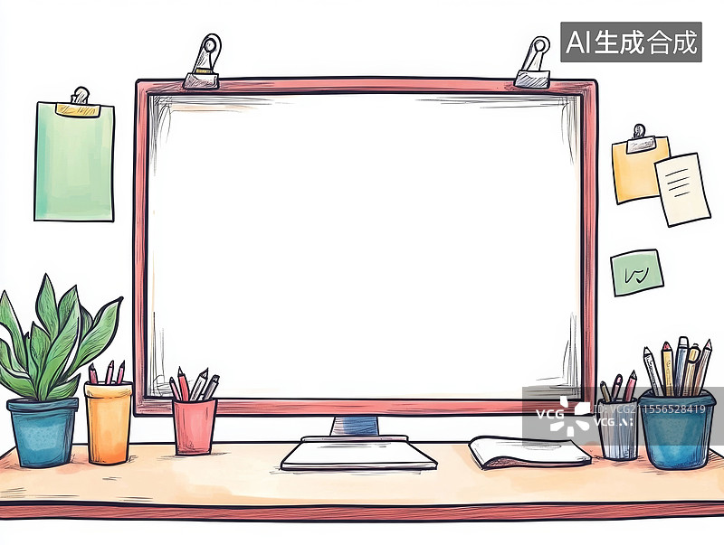 【AI数字艺术】办公桌上的电脑和文具2D卡通最大图片素材