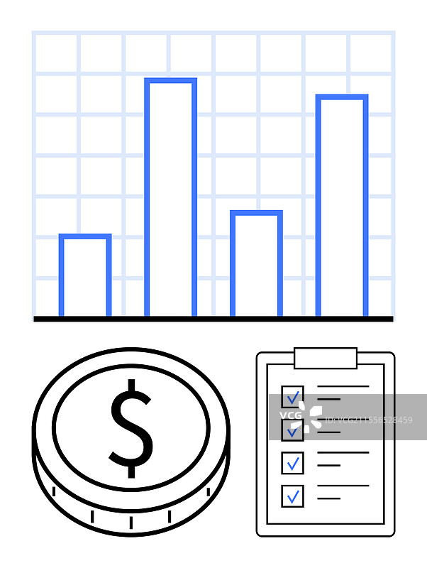 带有美元符号和清单的柱状图硬币图片素材