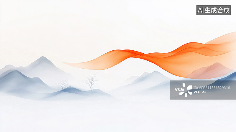 【AI数字艺术】红丝带丝绸国风水墨山水画背景图片素材